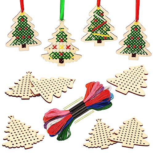 Gukasxi 10 Stück Weihnachten hölzerne Lesezeichen Kreuzstich Kits, hölzerne Weihnachtsbaum Kreuzstich Set, Kinder Anfänger DIY Weihnachten Kunsthandwerk, Weihnachtsbaum Ornamente von Gukasxi