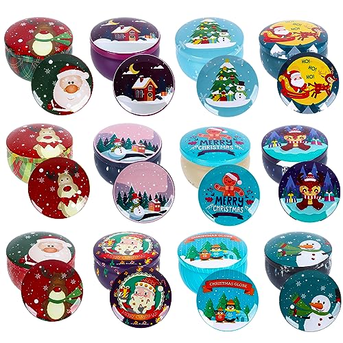 Gukasxi 12 Stück Kleine Leere Kerzendosen, Mini Weihnachtsmuster Kerzengläser, Candle Tin Jars, Runde Leere Metall Kerzengläser mit Deckel, für Trockene Lagerung Gewürze, Süßigkeiten, Partygeschenke von Gukasxi