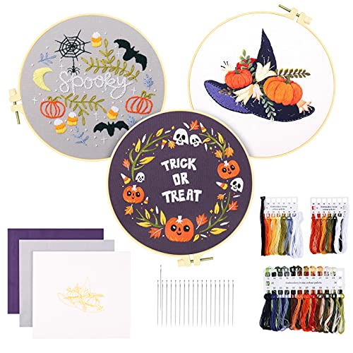 Gukasxi 3 Pack Starter Kit Halloween Anfänger Stickerei Set mit Anweisungen Floralen Kürbis Trick or Treat Spooky Skull Mustern Kreuzstich Kits mit Stickrahmen DIY Nadelspitzenset für Erwachsene von Gukasxi