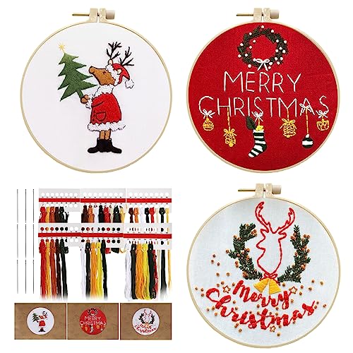 Gukasxi 3 Pack Weihnachts Stickerei Set, Kreuzstich Kits für Anfänger, Weihnachts Stickerei Starter Set mit gestanztem Stoff, Stickrahmen, Nadeln, Farbfäden, Erwachsenen Stickerei Set von Gukasxi