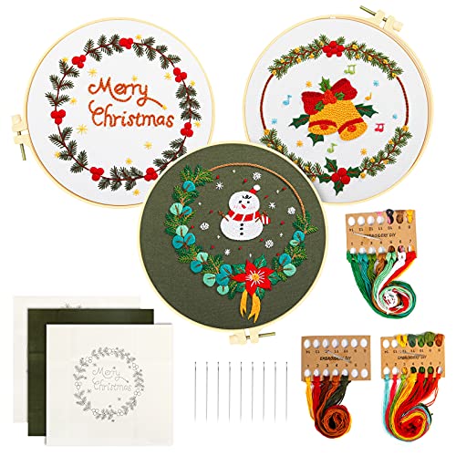 Gukasxi 3 Sets Weihnachts Stickerei Kit für Anfänger Weihnachten Gestempeltes Stickerei Starter Kit mit Sticktuch Stickrahmen Anleitung DIY Urlaub Stickerei Set Dekor Geschenke von Gukasxi