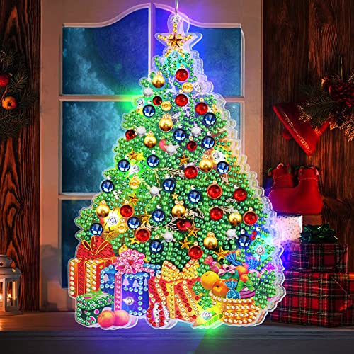 Gukasxi 5D Diamond Painting Weihnachten mit LED-Licht, DIY Diamant Malerei Vollbohrer Stickerei Malerei Crystal Strass Stickerei Weihnachtsbaum Diamant Malerei Anhänger Kit (Buntes Weihnachtsbaum) von Gukasxi