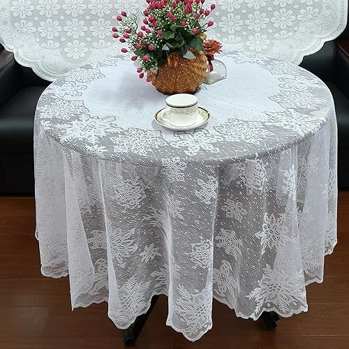 Spitze Tischdecke Weihnachten Weiße Tischdecken Spitzentischdecke, Weihnachten Vintage Bestickte Spitzeauflage für Hochzeiten, Hochzeit Tischdecke Dekor Wimpern-Tischdecke, rund 178x178cm von Gukasxi