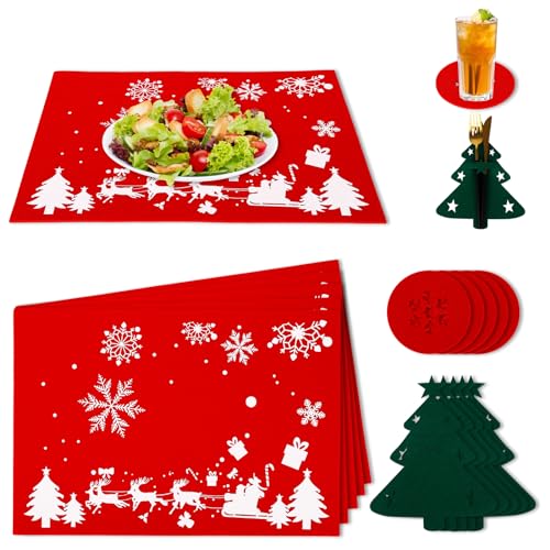 Weihnachten Platzsets, Weihnachten Tischsets Abwaschbar Platzsets aus Filz, 6er Platzsets, 6er Glasuntersetzer und 6er Bestecktaschen, Weihnachtstisch Platzdeckchen Teller Untersetzer Filzmatte von Gukasxi