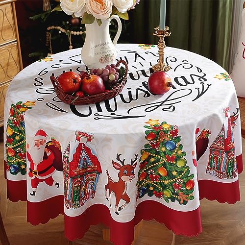 Weihnachten Tischdecke Rund Weihnachtstischdecke Rot 150cm Abwaschbar Polyester Tischdecke für Weihnachtsessen Deko Party Küchendekoration (Rot 1) von Gukasxi