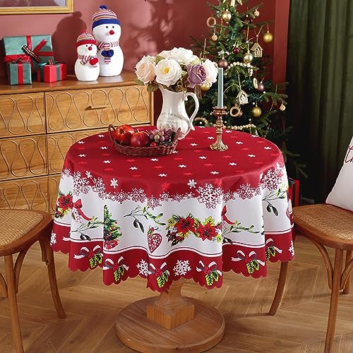 Weihnachten Tischdecke Rund Weihnachtstischdecke Rot 150cm Abwaschbar Polyester Tischdecke für Weihnachtsessen Deko Party Küchendekoration (Rot 2) von Gukasxi