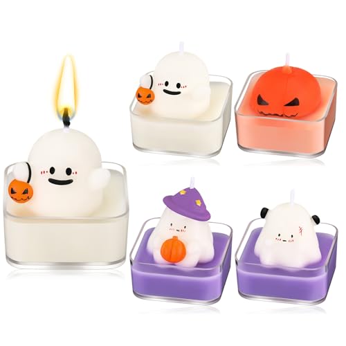 Gulfmew 4 Halloween Kerzen Grusel Geister Kerzen Kürbis Kerzen Halloween Duftkerzen Niedliche Brennende Geisterform Kerzen Lustige Geschenke für Geister Dekoration Herbstdeko Halloween Party Tisch von Gulfmew