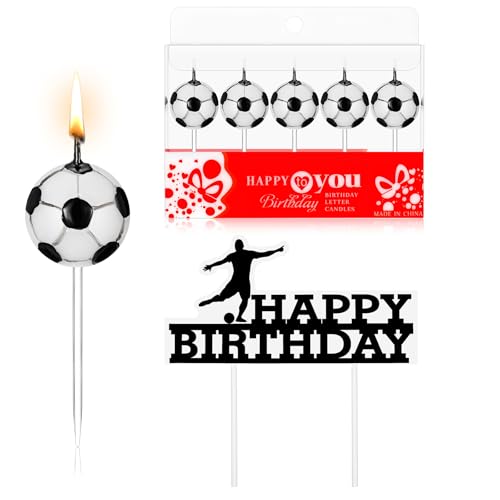 Gulfmew 5 Stück Fußball Kuchenkerzen mit 1 Stück Fußball Happy Birthday Kuchenaufsätze Fußball Motiv Geburtstag Kuchendekorationen Geburtstagskerzen für Torte, Weiß und Schwarz von Gulfmew