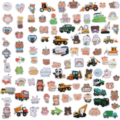 GullSkies 150Stück Lustige Cartoon Bear Aufkleber Set,100 Cute Kawaii Bär Sticker Kinder und 50 Excavator Stickers,Waterproof Vinyl Sticker,für Laptop,Scrapbook,Fotoalbum,Trinkflasche,Skateboard von GullSkies