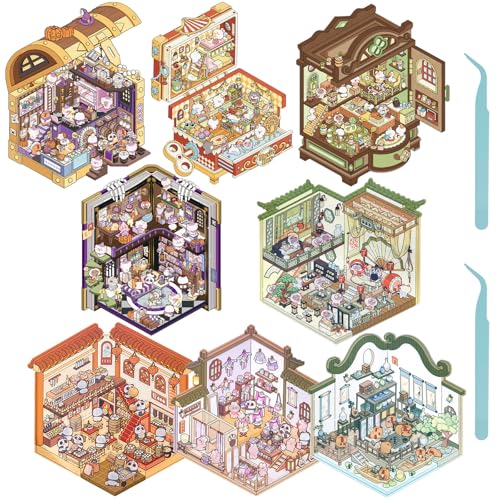 8Pcs DIY 3D House Stickers,3D Miniatur Haus Sticker,DIY-Aufkleber,Sticker Scenes Selbermachen von Supermarkt, Café, Restaurant für Erwachsene und Kinder (8pcs,A) von Guniata