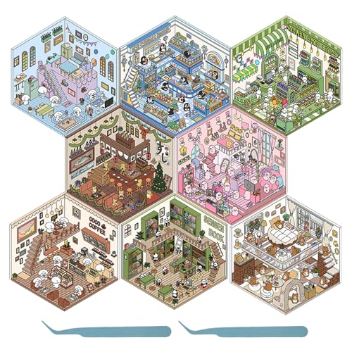 8Pcs DIY 3D House Stickers,3D Miniatur Haus Sticker,DIY-Aufkleber,Sticker Scenes Selbermachen von Supermarkt, Café, Restaurant für Erwachsene und Kinder (8pcs,B) von Guniata