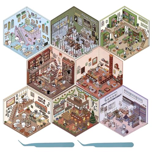 8Pcs DIY 3D House Stickers,3D Miniatur Haus Sticker,DIY-Aufkleber,Sticker Scenes Selbermachen von Supermarkt, Café, Restaurant für Erwachsene und Kinder (8pcs,C) von Guniata