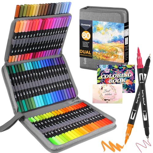 Gunsamg 80 Filzstifte für Erwachsene Skizzieren,Hervorheben,Färben für Erwachsene Malbücher,Fineliner Dual Brush Pen mit Malbuch und Postkarten-Grußkarten - Geschenk für kreative Seelen von Gunsamg