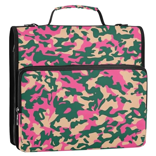 Armee-Camouflage-Ordner mit 3 Ringen, Reißverschluss und Schultergurt, inklusive Reißverschlusstasche, Dokumentenmappe, Organizer für Mittelschüler, Hot Pink von GuoChe