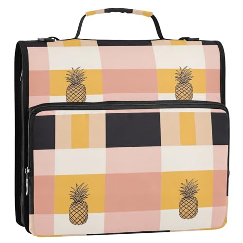 Buffalo Plaid Karo Gelb Rose Gold Ananas 3,8 cm 3 Ringe Reißverschluss Ordner mit Schultergurt Laege Kapazität Dokumentenmappe Organizer für Büro Schule von GuoChe