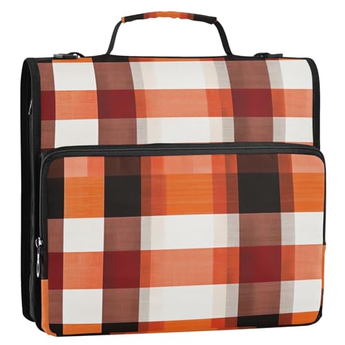 Buffalo Plaid Karo Rot Orange Sukkulenten 3,8 cm 3-Ringe Ordner Reißverschluss mit Schultergurt und Griff Laege Kapazität Dokumentenmappe Organizer für Mittelschüler von GuoChe