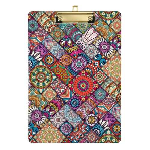 Ethnisches Blumen-Padfolio für Damen, Klemmbrett, Klassenzimmer, Zubehör für Lehrer, High School für Frauen, Volleyball-Trainer, Größe 30,5 x 22,9 cm, mit niedrigem Profil, Metallclip, Kunststoff, von GuoChe