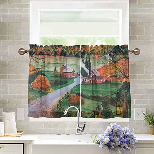 GuoChe Küchenvorhang 61 cm Länge Landschaft Malerei Herbst Land kurze halbe Vorhänge für Fenster Café Vorhänge 2 Panel von GuoChe