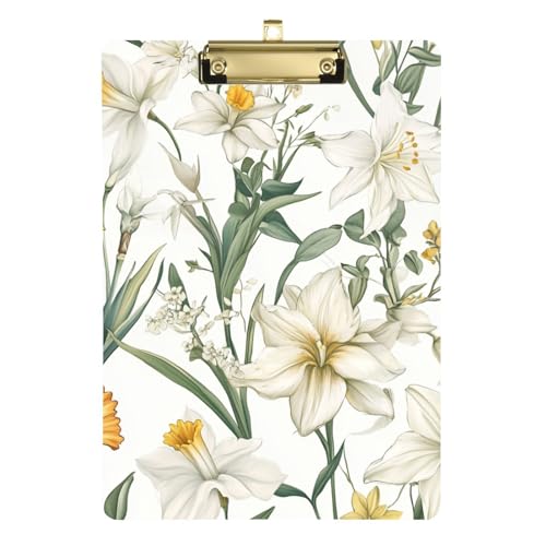 Hard Cover Klemmbrett Blumen Narzissen Lilie Gelb Weiß Standard A4 Briefgröße Klemmbrett Karton für Polizei Büro Krankenschwester Fußball Trainer 12x9 mit Metallclip von GuoChe