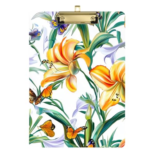 Klemmbrett Clip Gold Blumen Schmetterlinge Weiß Kunststoff Büro Klemmbrett für Büro Klassenzimmer 30,5 x 22,9 cm mit Metallclip von GuoChe