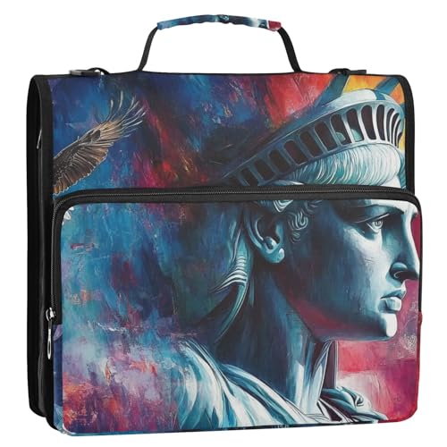 Lady Liberty Ordner mit amerikanischer Flagge, 3 Ringe, 3,8 cm, stabiler Reißverschluss, mit Griff und abnehmbarem Schultergurt, mehrere Taschen, Dokumentenmappe, Organizer für Mittelschüler von GuoChe