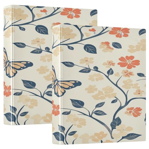 Ringbuch mit 3 Ringen, 1 und 1,27 cm, Orange, Beige, Blumen, Schmetterlinge, mit Taschen, College-Ordner für Studenten, Hardcover, 1 Packung von GuoChe