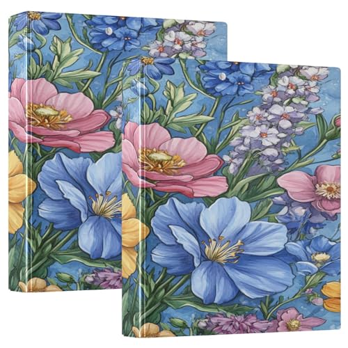 Ringbuch mit 3 Ringen, 3,8 cm, Frühling, niedliche Blumen, rustikales Blau, mit Taschen, Ordner für Studenten, Hardcover, 1 Packung von GuoChe