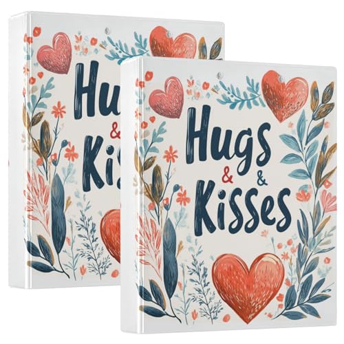 Valentines Day Floral Leaves Eukalyptus Hearts Hugs & Kisses 3 Ringbücher 3,8 cm Notizbuch Ordner mit Taschen 1/2 Packung Ordner Schulhefter Hardcover von GuoChe