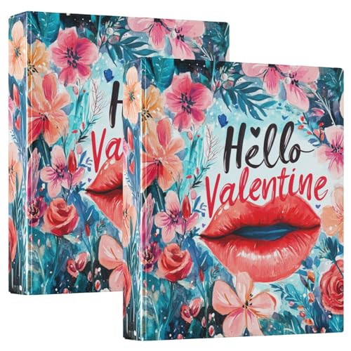 Valentines Day Florals Red Lips Hello Valentine 3,8 cm Ordner mit drei Ringen Notizbuch mit Klemmbrett, 1/2er-Pack, Büroordner, Hardcover von GuoChe