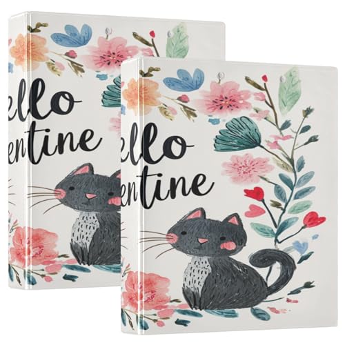 Valentines Day Flowers Black Cats Hello Valentine 3,8 cm Ordner mit drei Ringen Notizbuch mit Klemmbrett, 1/2 Packungen, Büroordner, Hardcover von GuoChe