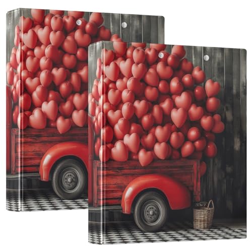 Valentinstag A Red Truck Herz Luftballons Runde Ringe Binder 1,2 Zoll Ordner mit Klemmbrett 1/2 Packungen College Ordner für Studenten 200 Blatt von GuoChe