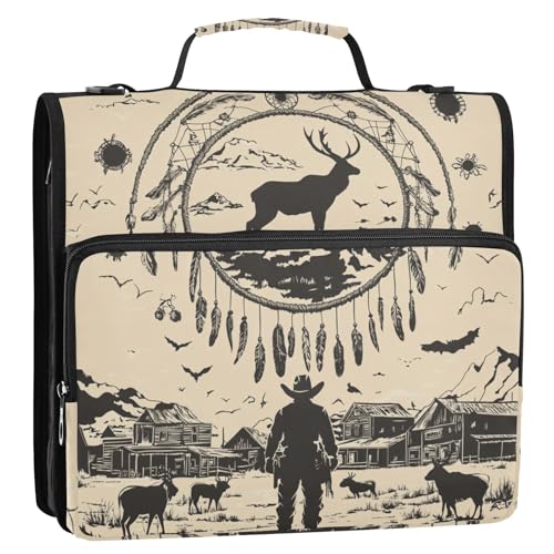 Western Cowboy Traumfänger Hirsch Totenköpfe 3,8 cm 3 Ringe Reißverschluss Ordner mit Gurt Mehrere Taschen Dokumentenmappe Organizer für Schule von GuoChe