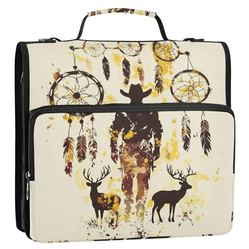 Western Cowboy Traumfänger Tribal Deer 3,8 cm 3-Ringe Ordner-Organizer mit Schultergurt, mehrere Taschen, Dokumentenmappe, Organizer für Schule und Büro von GuoChe