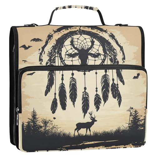 Western Cowboy Traumfänger Tribal Deer 3,8 cm 3 Ringe Ordner Reißverschluss mit Griff und abnehmbarem Schultergurt inklusive Reißverschlusstasche Dokumentenmappe Organizer für Mittelschule von GuoChe