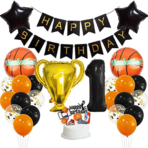 Guoguonb 1 Jahr Basketball Thematische Dekoration Set Happy Birthday Banner Großes Basketball Luftballon Cake Topper Zahl 1 FolienBallon für Basketball-Fans Birthday Party Geburtstagsdeko von Guoguonb