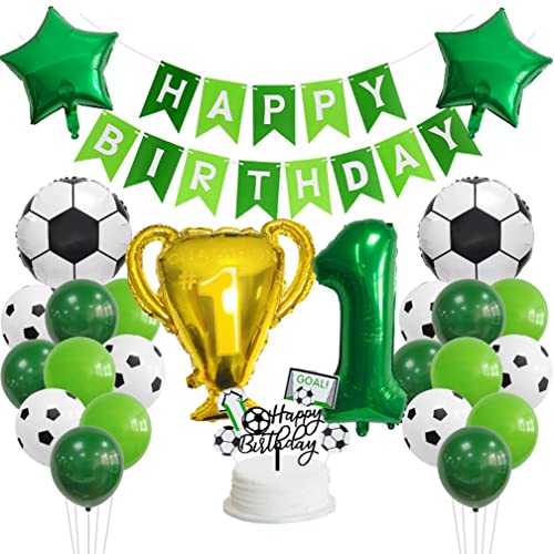 Guoguonb 1 Jahr Fußball Geburtstag Dekorationen Set Happy Birthday Banner Zahl 1 Ballon Champions' Trophy Fussball FolienBallon für Kinder Fußball Themenfeier Party Kindergeburtstag Deko von Guoguonb