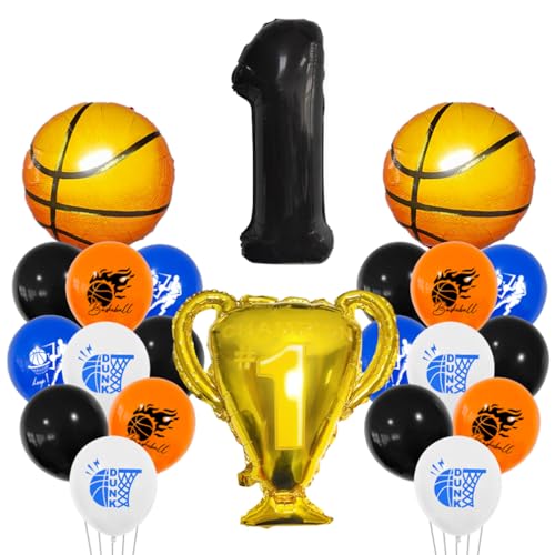 Guoguonb 1 Jahre Basketball Geburtstag Deko Schwarz 1. Geburtstag Trophäen Großer Basketball Zahlenballon 1 Folienballon Bedruckte Ballons für 1st Geburtstag Partyset Dekoration von Guoguonb