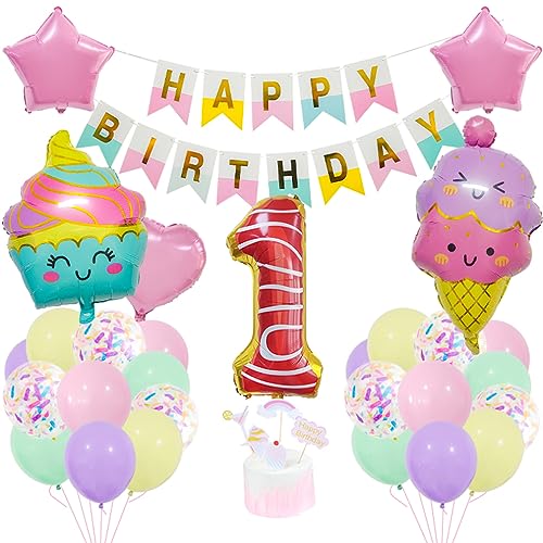 Guoguonb 1 Jahre EiscremeGeburtstag Deko Zahlenballon 1 Folienballon Bunte Luftballons Coole Sommer-Themen Themen Cupcake Tortendekoration Happy Birthday Banner für Kinder Mädchen Geburtstag Party von Guoguonb