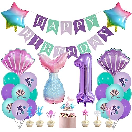 Guoguonb 1 Jahre Meerjungfrau Geburtstag Deko Happy Birthday Banner Zahlenballon 1 Folienballon Bedruckte Ballons Serie Meeresleben Tortendekoration für Kindergeburtstag Nixen Partyset Dekoration von Guoguonb