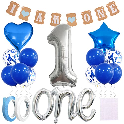 Guoguonb 1. Geburtstag Dekoration Set Blau I AM ONE Baner 40 Zoll Zahl 1 Luftballon Große One Ballon Latexballon für Deko Junge Mädchen Geburtstag Party First Birthday Dekorationen von Guoguonb