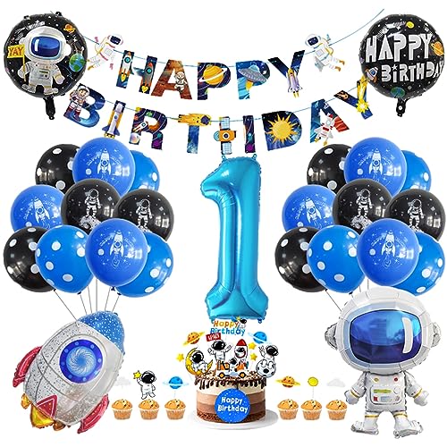 Guoguonb 1. Geburtstag Weltraum Party Deko Astronauten Raketen Folienballon Luftballons Space theme Cupcake Topper Tortendekoration Happy Birthday Banner für 1 Jahre Jungen Birthday Decorations von Guoguonb