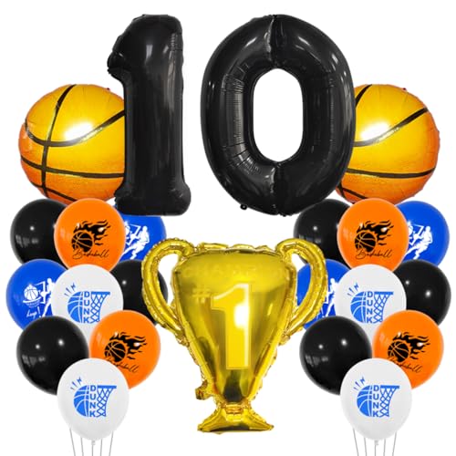 Guoguonb 10 Jahre Basketball Geburtstag Deko Schwarz 10. Geburtstag Trophäen Großer Basketball Zahlenballon 10 Folienballon Bedruckte Ballons für 10st Geburtstag Partyset Dekoration von Guoguonb