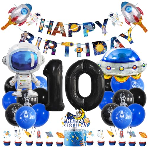 Guoguonb 10 Jahre Weltraum Geburtstag Deko Schwarz 10. Geburtstag Astronauten Raketen Zahlenballon 10 Folienballon Bedruckte Ballons Banner Tortendekoration für Kindergeburtstag Partyset Dekoration von Guoguonb