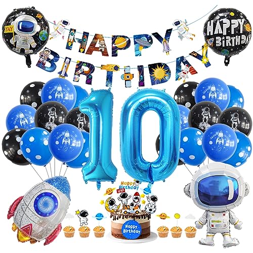 Guoguonb 10. Geburtstag Weltraum Party Deko Astronauten Raketen Folienballon Luftballons Space theme Cupcake Topper Tortendekoration Happy Birthday Banner für 10 Jahre Jungen Birthday Decorations von Guoguonb