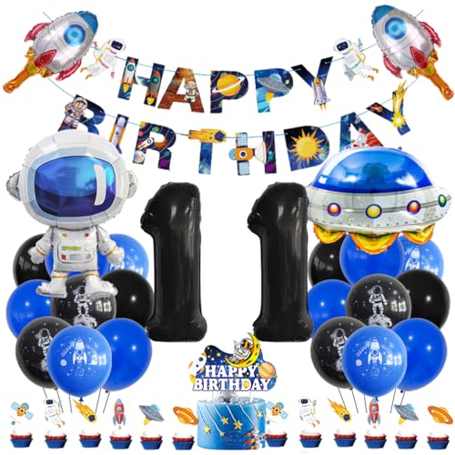 Guoguonb 11 Jahre Weltraum Geburtstag Deko Schwarz 11. Geburtstag Astronauten Raketen Zahlenballon 11 Folienballon Bedruckte Ballons Banner Tortendekoration für Kindergeburtstag Partyset Dekoration von Guoguonb