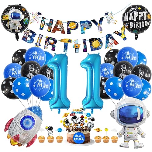 Guoguonb 11. Geburtstag Weltraum Party Deko Astronauten Raketen Folienballon Luftballons Space theme Cupcake Topper Tortendekoration Happy Birthday Banner für 11 Jahre Jungen Birthday Decorations von Guoguonb