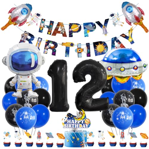 Guoguonb 12 Jahre Weltraum Geburtstag Deko Schwarz 12. Geburtstag Astronauten Raketen Zahlenballon 12 Folienballon Bedruckte Ballons Banner Tortendekoration für Kindergeburtstag Partyset Dekoration von Guoguonb