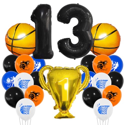 Guoguonb 13 Jahre Basketball Geburtstag Deko Schwarz 13. Geburtstag Trophäen Großer Basketball Zahlenballon 13 Folienballon Bedruckte Ballons für 13st Geburtstag Partyset Dekoration von Guoguonb