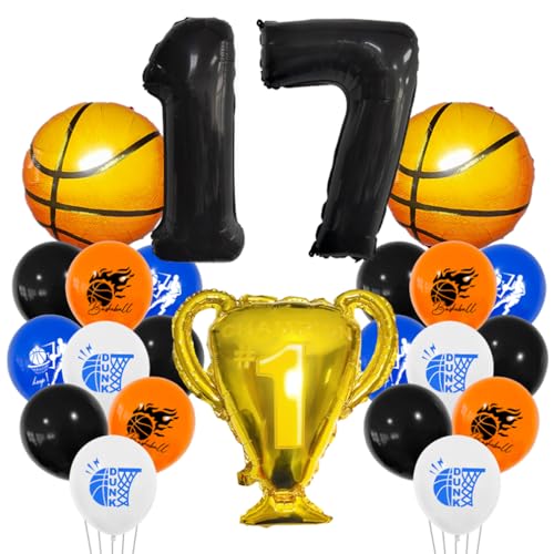 Guoguonb 17 Jahre Basketball Geburtstag Deko Schwarz 17. Geburtstag Trophäen Großer Basketball Zahlenballon 17 Folienballon Bedruckte Ballons für 17st Geburtstag Partyset Dekoration von Guoguonb