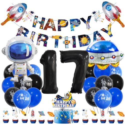 Guoguonb 17 Jahre Weltraum Geburtstag Deko Schwarz 17. Geburtstag Astronauten Raketen Zahlenballon 17 Folienballon Bedruckte Ballons Banner Tortendekoration für Kindergeburtstag Partyset Dekoration von Guoguonb